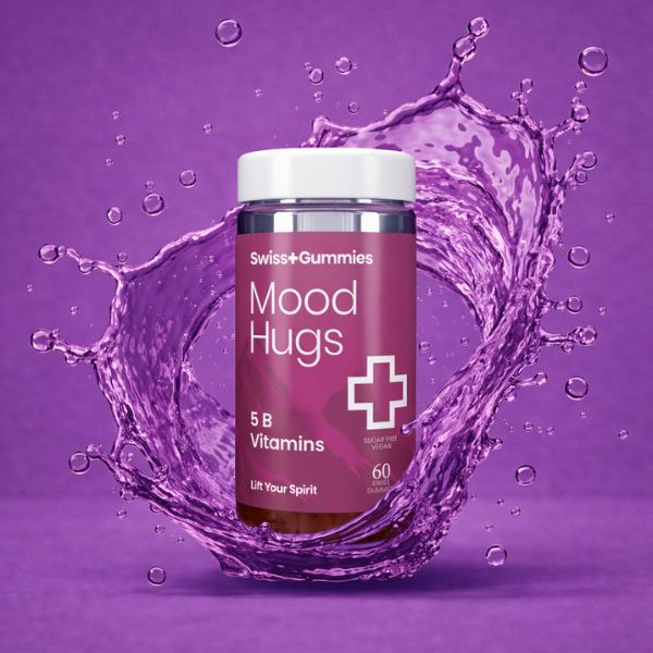 Swiss Gummies Mood Hugs vitamins bottle with water splash on a purple background