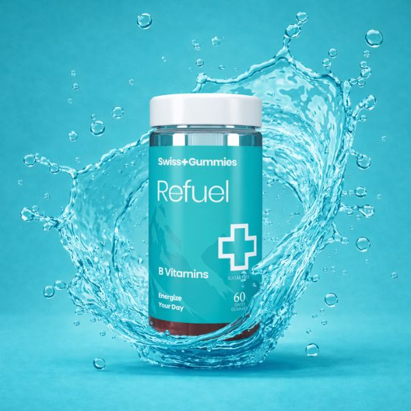 Swiss Gummies Refuel B Vitamins supplement bottle with water splash on a blue background