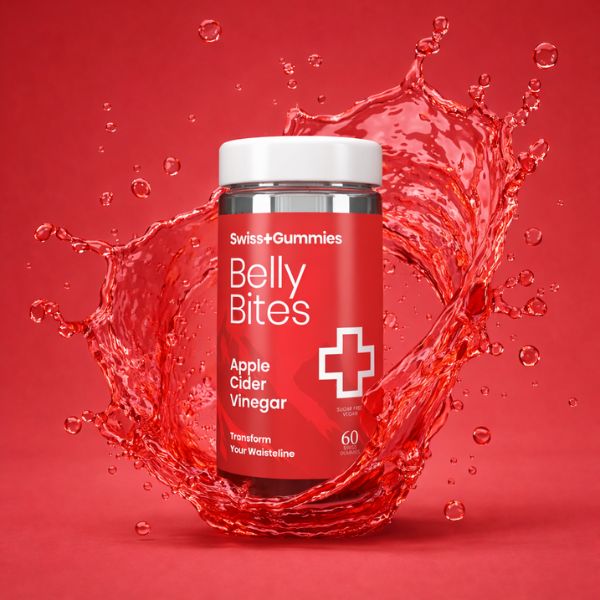 Bottle of Swiss Gummies Belly Bites Apple Cider Vinegar on a red background with water splashes.