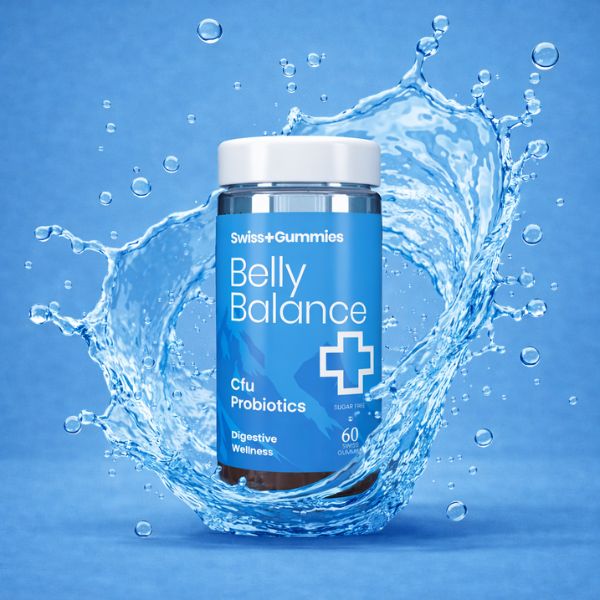 Bottle of Swiss Gummies Belly Balance Cfu Probiotics with water splash on a blue background