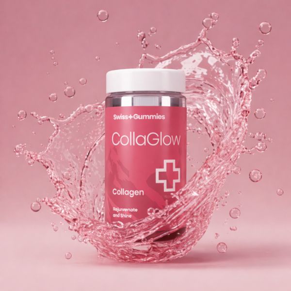 CollaGlow collagen supplement bottle with water splash on a pink background