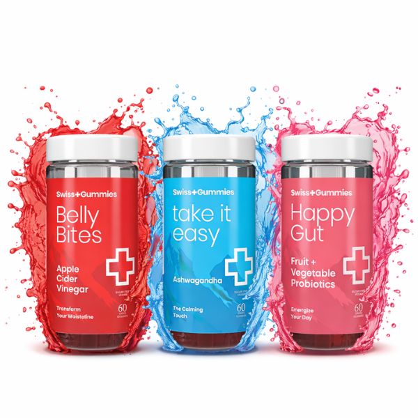 Three Swiss Gummies jars labeled 'Belly Bites', 'take it easy', and 'Happy Gut' with colorful liquid effects on a white background.