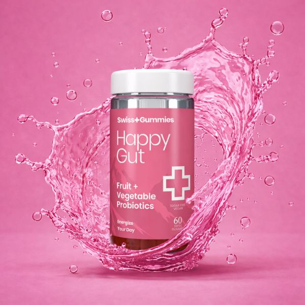 Swiss Gummies Happy Gut probiotics bottle with water splash on a pink background