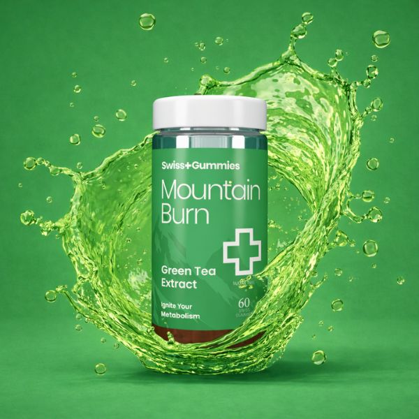 Swiss Gummies Mountain Burn Green Tea Extract bottle with green liquid splash on a green background