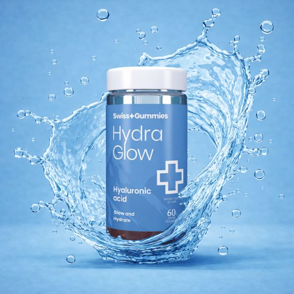 Swiss Gummies Hydra Glow supplement bottle with water splash on a blue background
