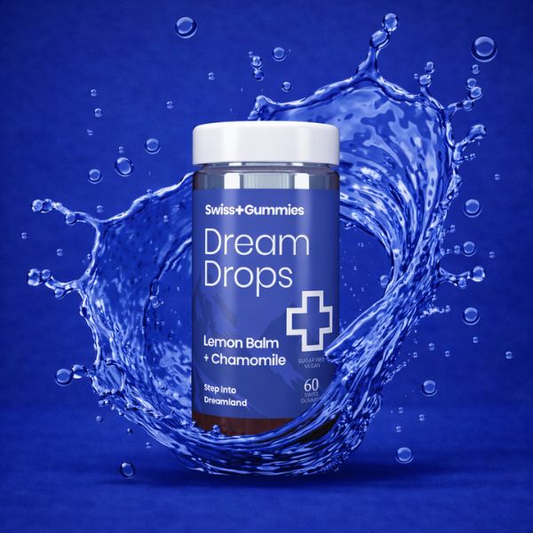 Swiss Gummies Dream Drops bottle with water splash on a blue background