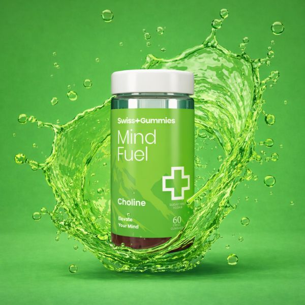 Green supplement bottle labeled 'Mind Fuel' with water splashes on a green background