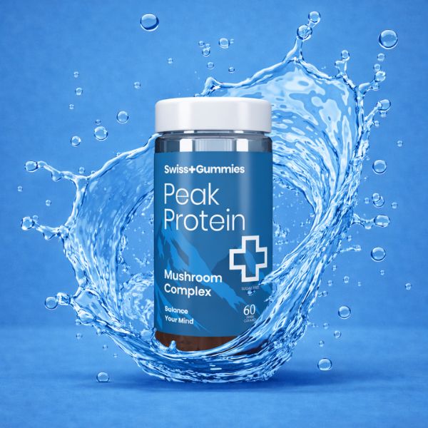Swiss Gummies Peak Protein Mushroom Complex bottle with water splash on a blue background