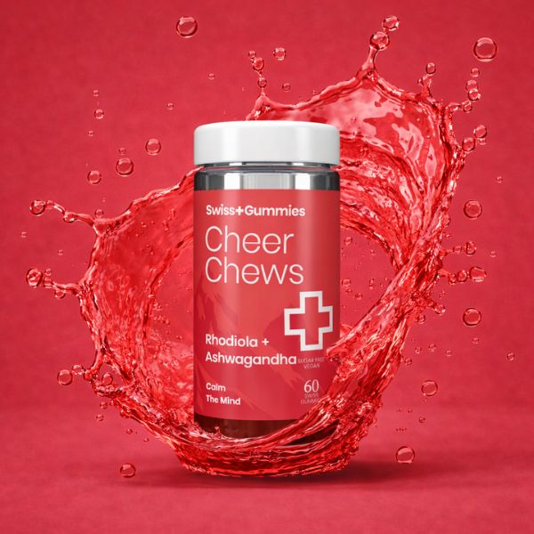 Swiss Gummies Cheer Chews bottle with red liquid splash on a red background