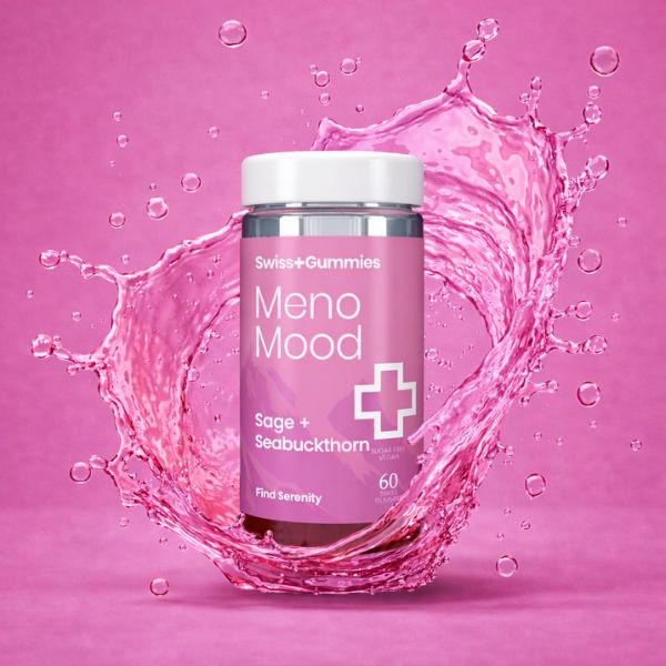 Pink supplement bottle labeled 'Meno Mood' with water splash on a pink background