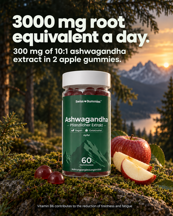 Swiss Gummies Ashwagandha: 3000 mg root equivalent a day. 300 mg of 10:1 ashwagandha extract in 2 apple gummies.