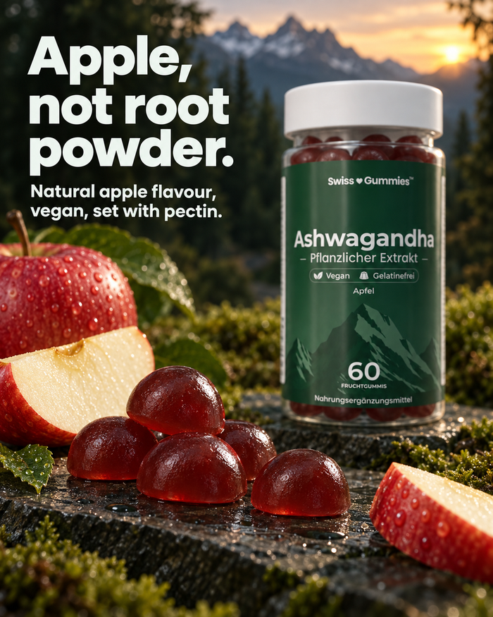 Swiss Gummies Ashwagandha: Apple, not root powder. Natural apple flavour, vegan, set with pectin.