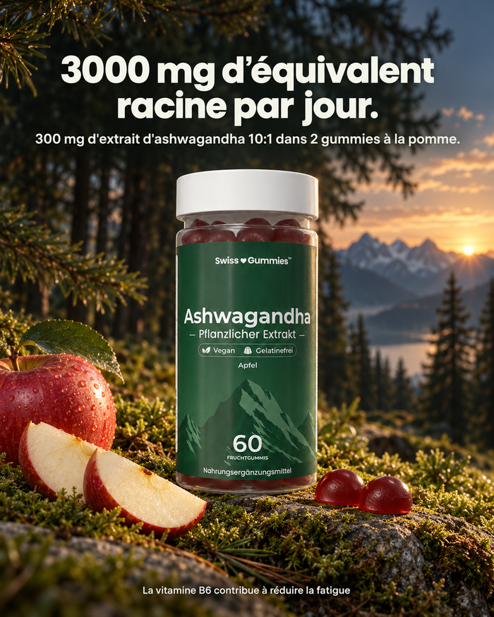 Swiss Gummies Ashwagandha: 3000 mg d'équivalent racine par jour. 300 mg d'extrait d'ashwagandha 10:1 dans 2 gummies à la pomme.