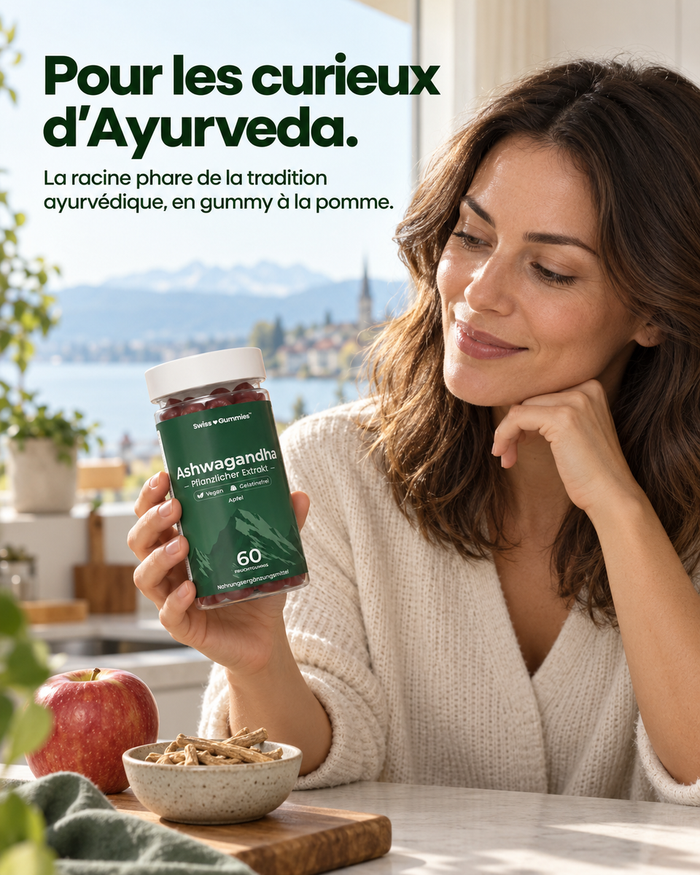 Swiss Gummies Ashwagandha: Pour les curieux d'Ayurveda. La racine phare de la tradition ayurvédique, en gummy à la pomme.