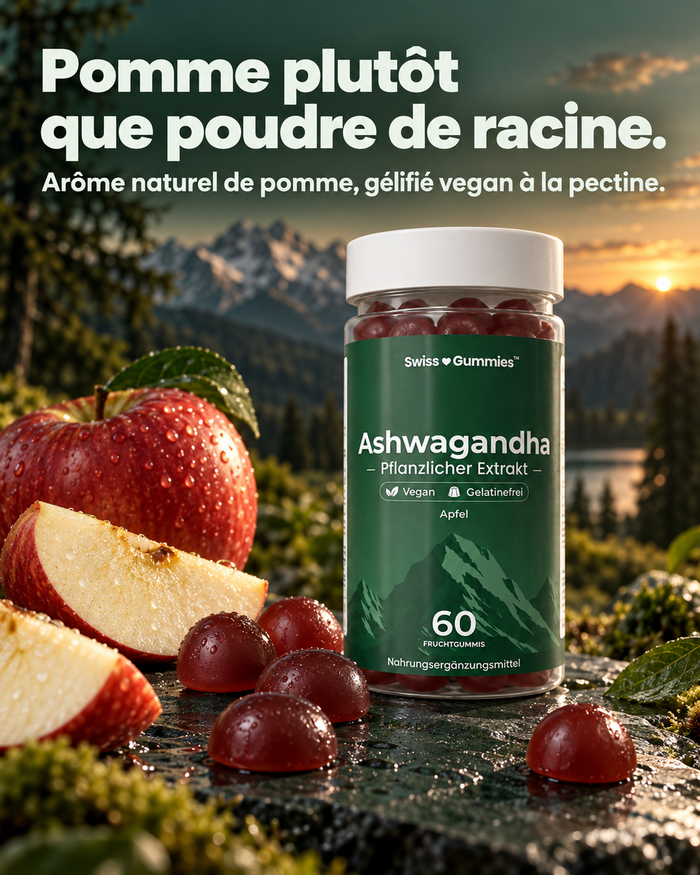 Swiss Gummies Ashwagandha: Pomme plutôt que poudre de racine. Arôme naturel de pomme, gélifié vegan à la pectine.