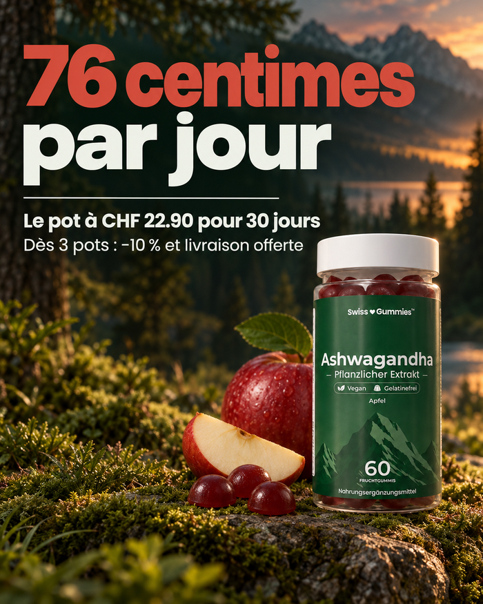 Swiss Gummies Ashwagandha: 76 centimes par jour Le pot à CHF 22.90 pour 30 jours