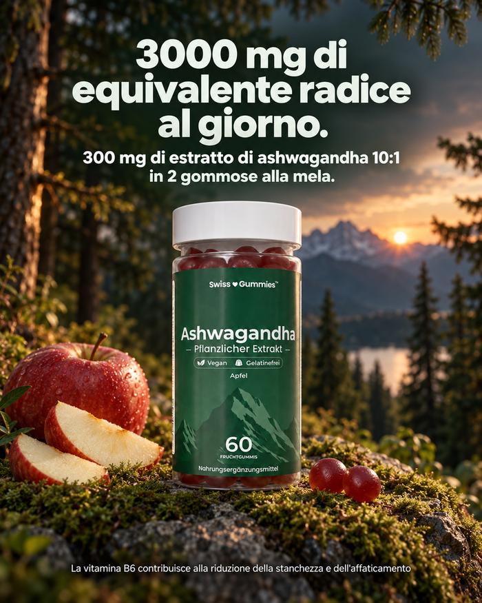 Swiss Gummies Ashwagandha: 3000 mg di equivalente radice al giorno. 300 mg di estratto di ashwagandha 10:1 in 2 gommose alla mela.