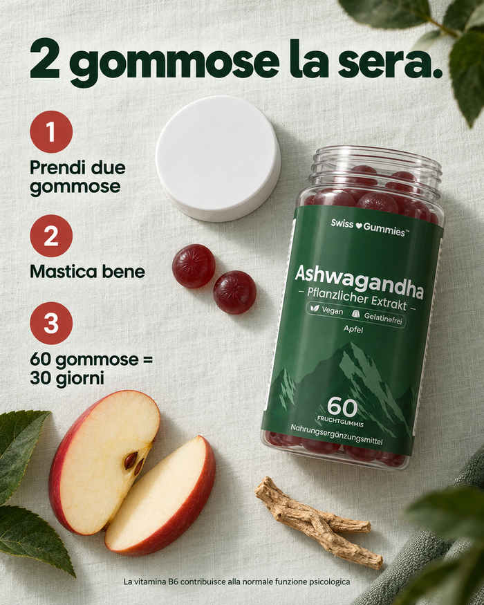 Swiss Gummies Ashwagandha: 2 gommose la sera.