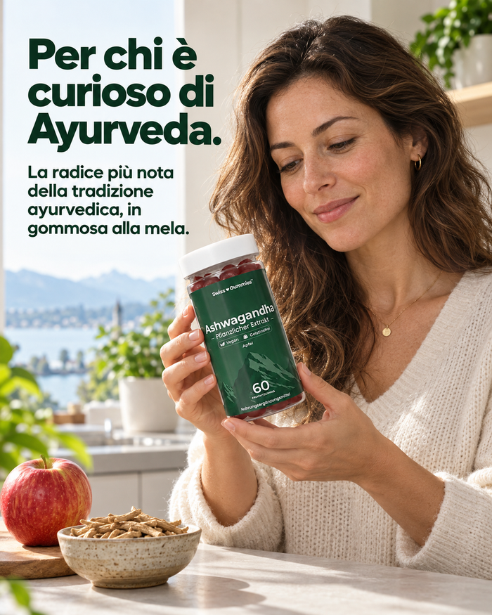 Swiss Gummies Ashwagandha: Per chi è curioso di Ayurveda. La radice più nota della tradizione ayurvedica, in gommosa alla mela.