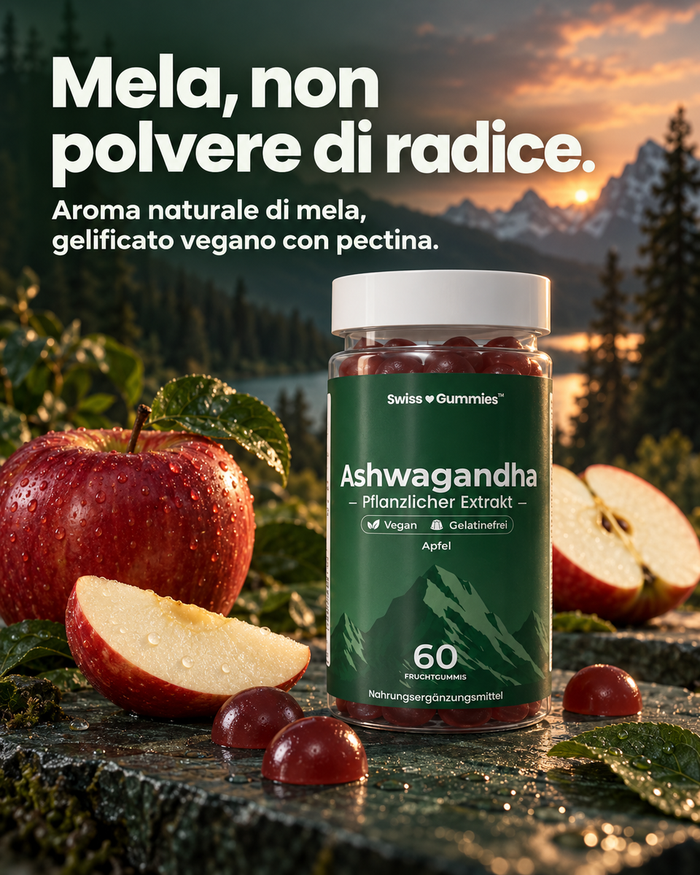 Swiss Gummies Ashwagandha: Mela, non polvere di radice. Aroma naturale di mela, gelificato vegano con pectina.