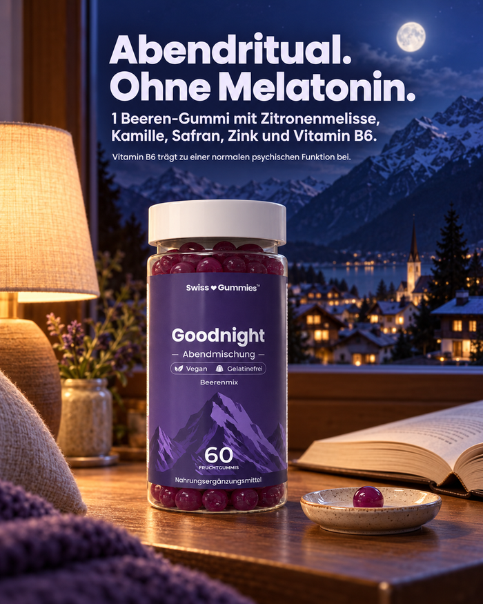 Swiss Gummies Goodnight: Abendritual. Ohne Melatonin. 1 Beeren-Gummi mit Zitronenmelisse, Kamille, Safran, Zink und Vitamin B6.