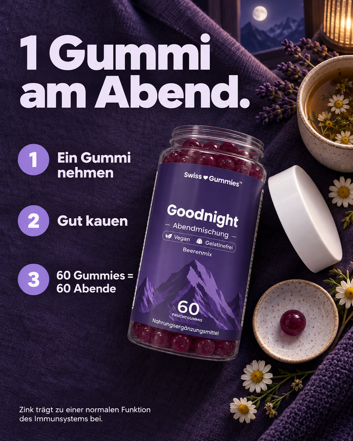 Swiss Gummies Goodnight: 1 Gummi am Abend.