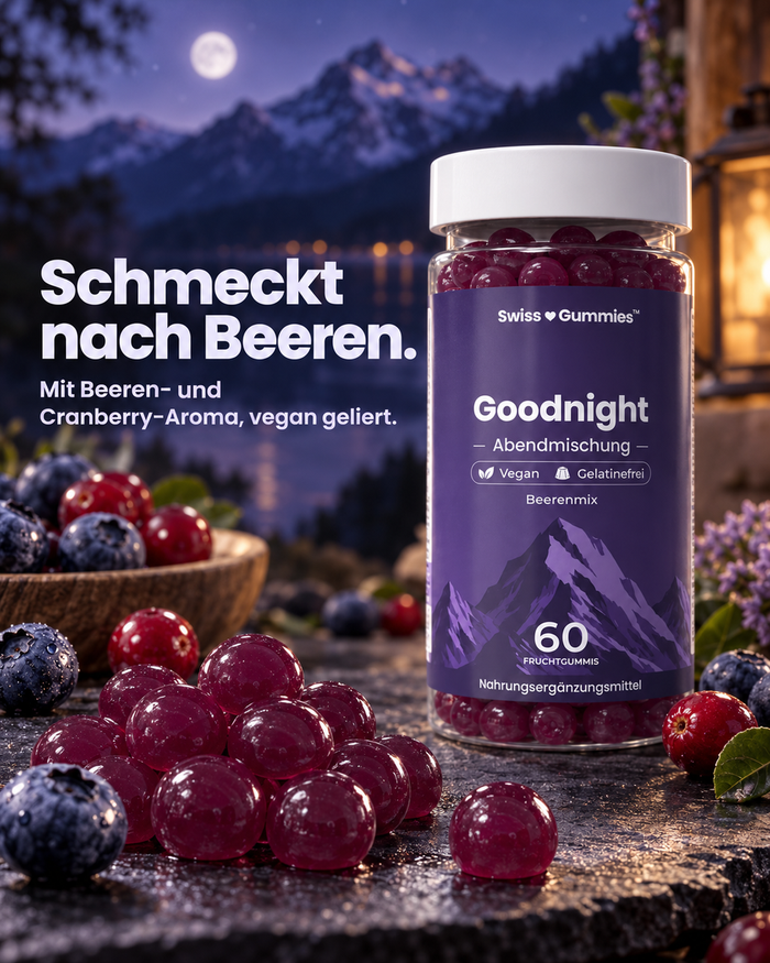 Swiss Gummies Goodnight: Schmeckt nach Beeren. Mit Beeren- und Cranberry-Aroma, vegan geliert.