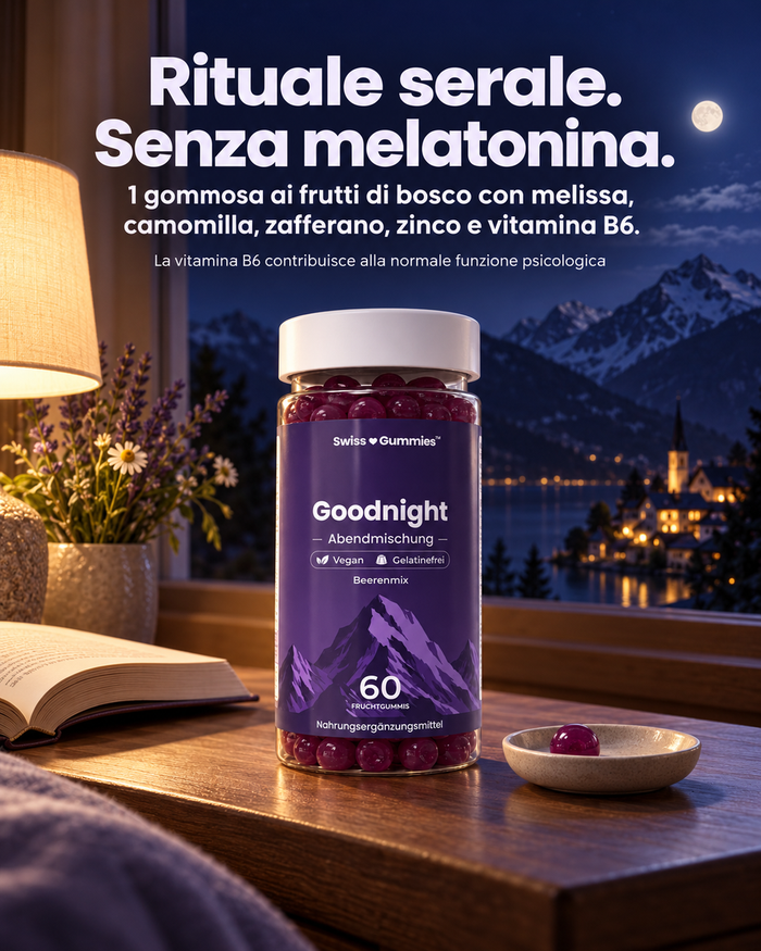 Swiss Gummies Goodnight: Rituale serale. Senza melatonina. 1 gommosa ai frutti di bosco con melissa, camomilla, zafferano, zinco e vitamina B6.