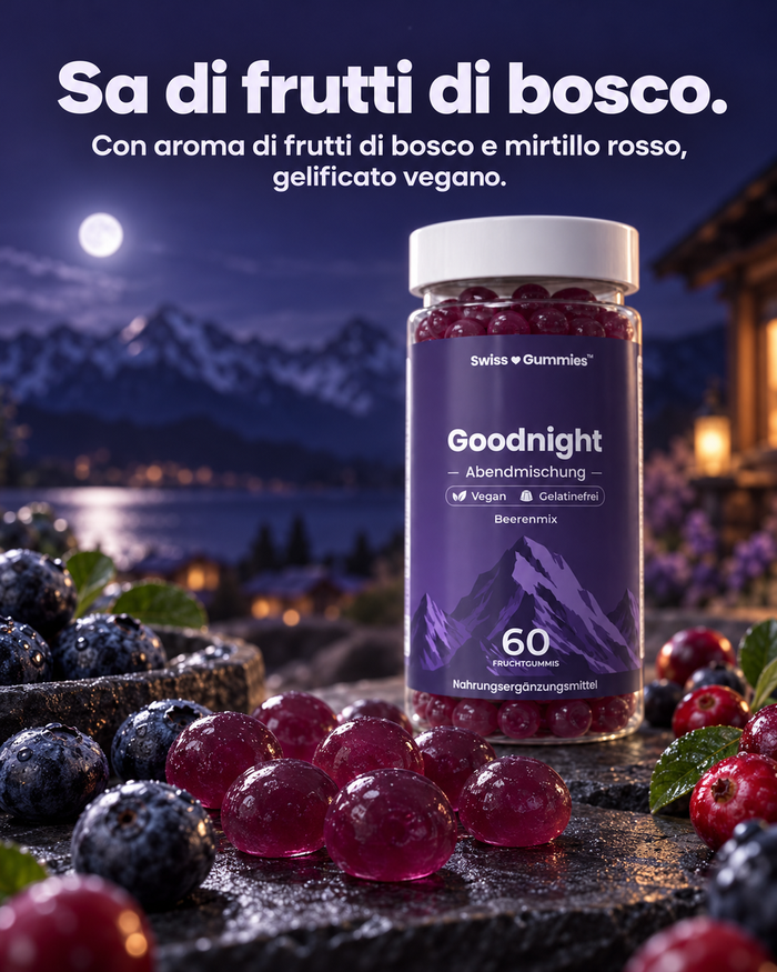 Swiss Gummies Goodnight: Sa di frutti di bosco. Con aroma di frutti di bosco e mirtillo rosso, gelificato vegano.