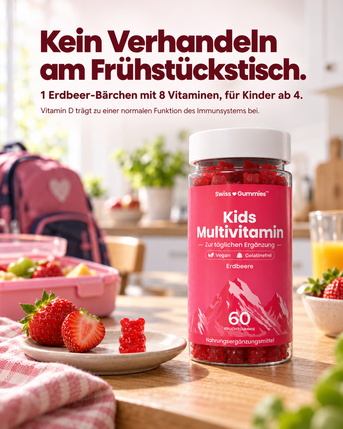 Swiss Gummies Kids Multivitamin: Kein Verhandeln am Frühstückstisch. 1 Erdbeer-Bärchen mit 8 Vitaminen, für Kinder ab 4.