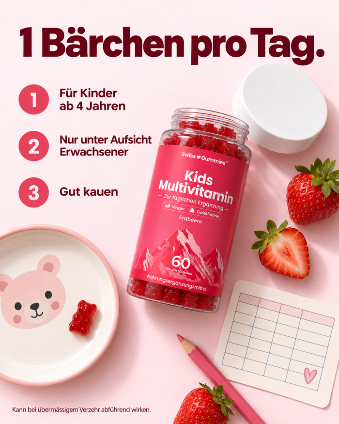 Swiss Gummies Kids Multivitamin: 1 Bärchen pro Tag.