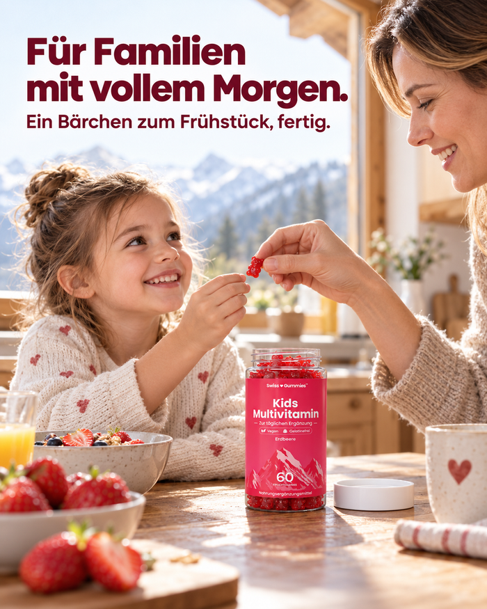 Swiss Gummies Kids Multivitamin: Für Familien mit vollem Morgen. Ein Bärchen zum Frühstück, fertig.