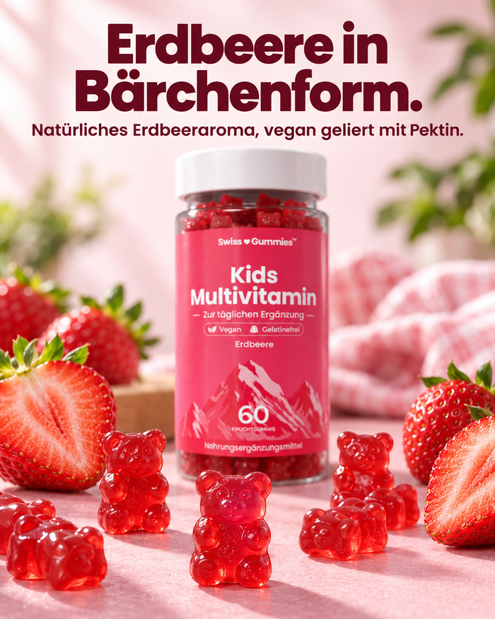 Swiss Gummies Kids Multivitamin: Erdbeere in Bärchenform. Natürliches Erdbeeraroma, vegan geliert mit Pektin.