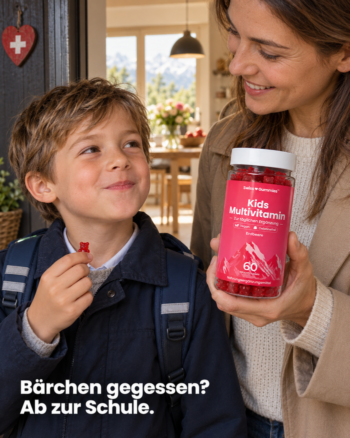 Swiss Gummies Kids Multivitamin: Bärchen gegessen? Ab zur Schule.