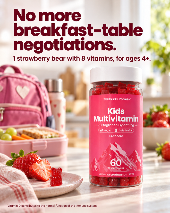 Swiss Gummies Kids Multivitamin: No more breakfast-table negotiations. 1 strawberry bear with 8 vitamins, for ages 4+.