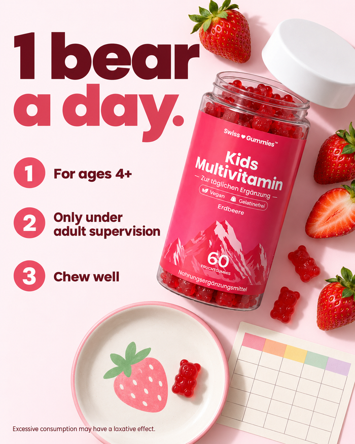 Swiss Gummies Kids Multivitamin: 1 bear a day.