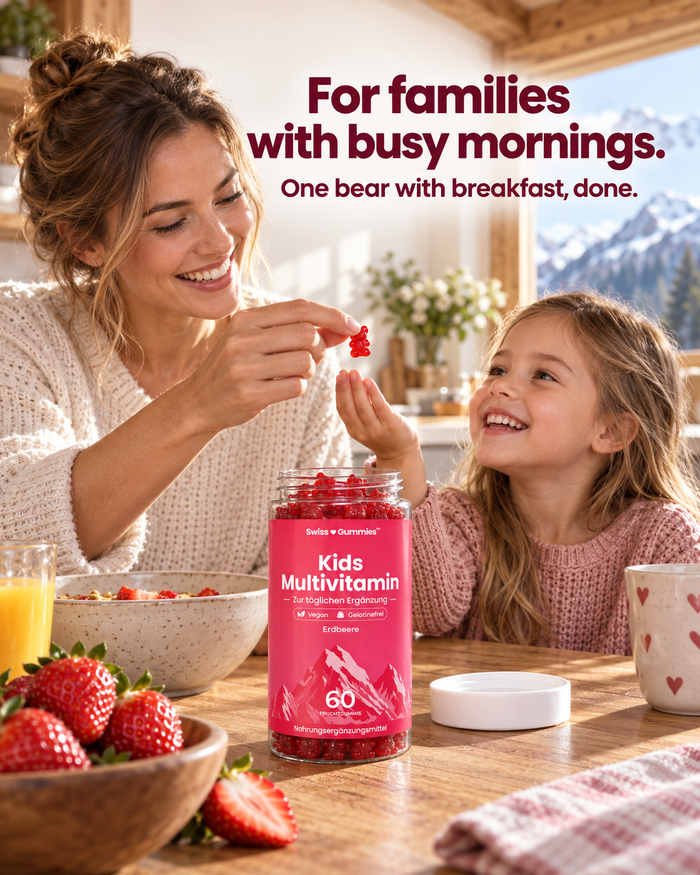 Swiss Gummies Kids Multivitamin: For families with busy mornings. One bear with breakfast, done.
