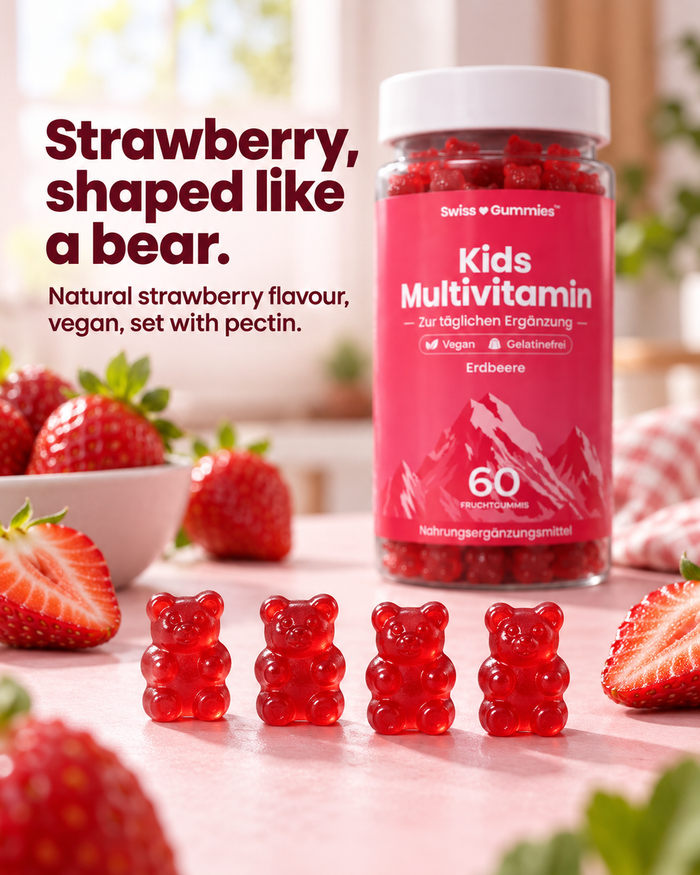 Swiss Gummies Kids Multivitamin: Strawberry, shaped like a bear. Natural strawberry flavour, vegan, set with pectin.