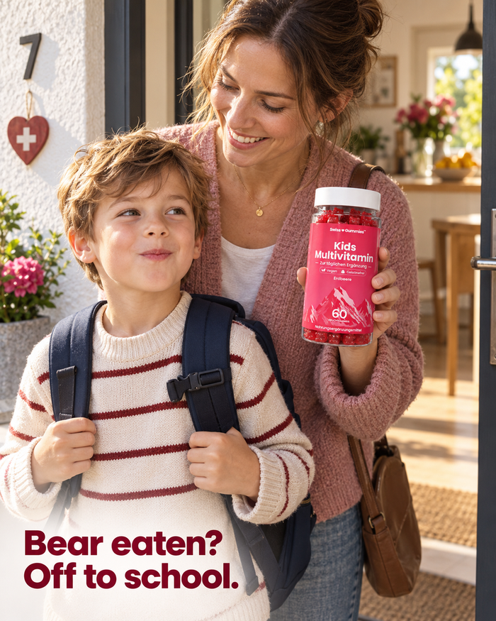Swiss Gummies Kids Multivitamin: Bear eaten? Off to school.