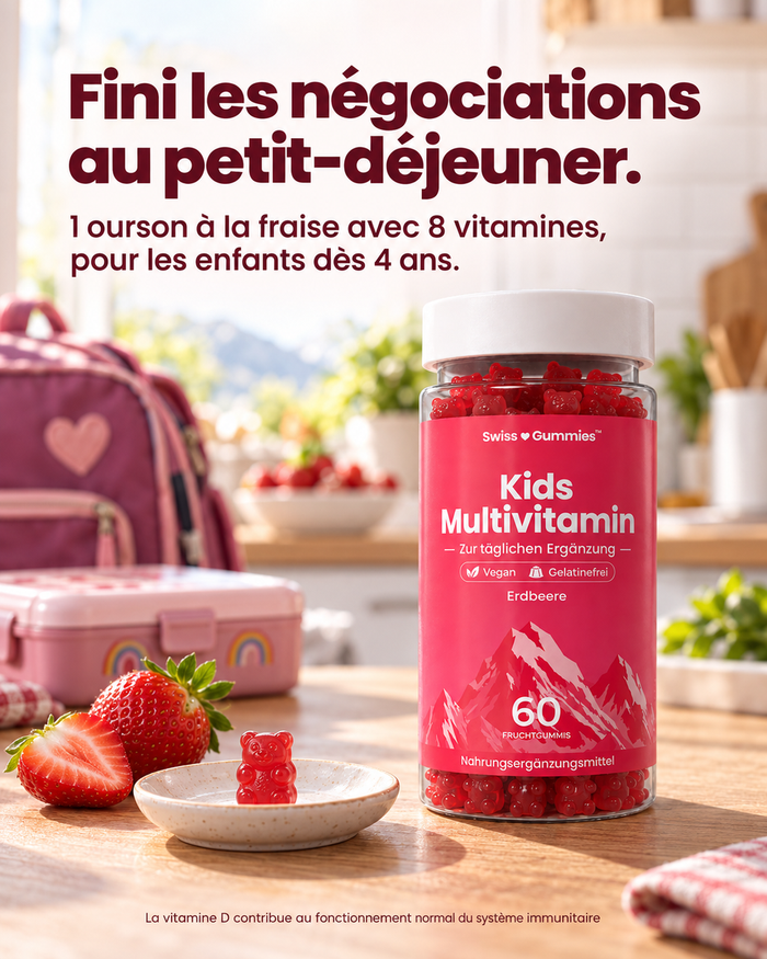 Swiss Gummies Kids Multivitamin: Fini les négociations au petit-déjeuner. 1 ourson à la fraise avec 8 vitamines, pour les enfants dès 4 ans.