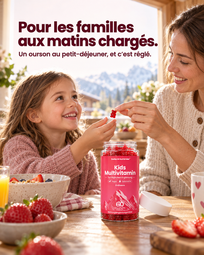 Swiss Gummies Kids Multivitamin: Pour les familles aux matins chargés. Un ourson au petit-déjeuner, et c'est réglé.
