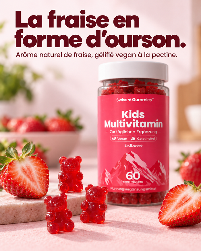 Swiss Gummies Kids Multivitamin: La fraise en forme d'ourson. Arôme naturel de fraise, gélifié vegan à la pectine.