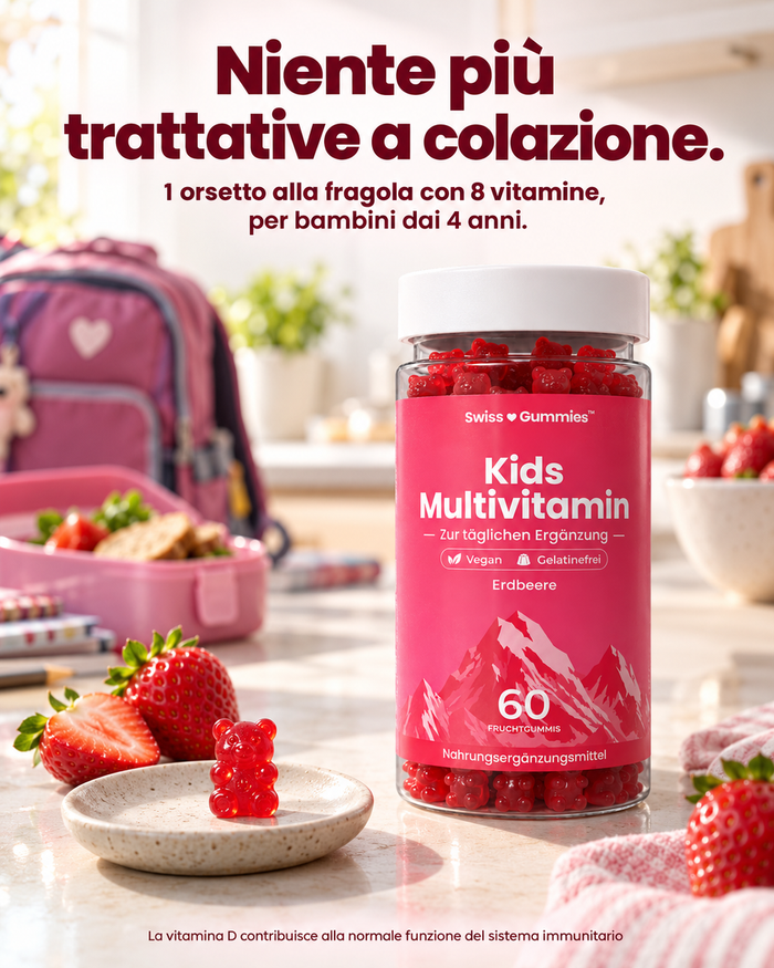 Swiss Gummies Kids Multivitamin: Niente più trattative a colazione. 1 orsetto alla fragola con 8 vitamine, per bambini dai 4 anni.