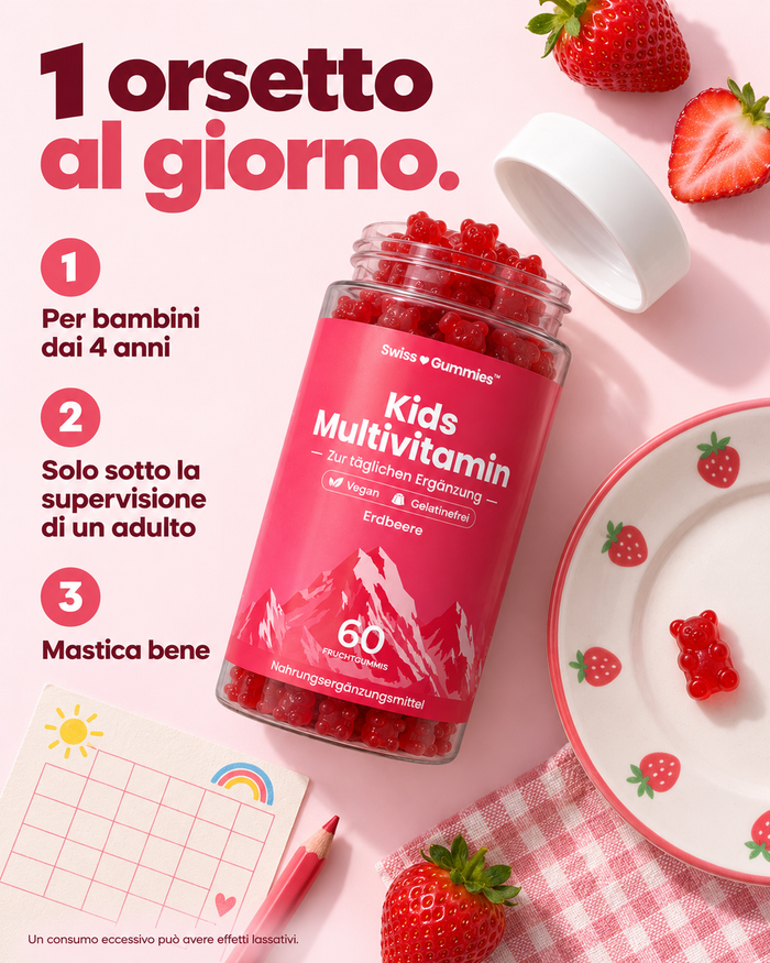 Swiss Gummies Kids Multivitamin: 1 orsetto al giorno.