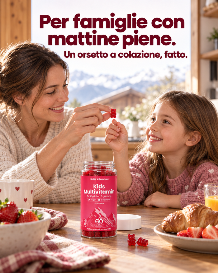 Swiss Gummies Kids Multivitamin: Per famiglie con mattine piene. Un orsetto a colazione, fatto.