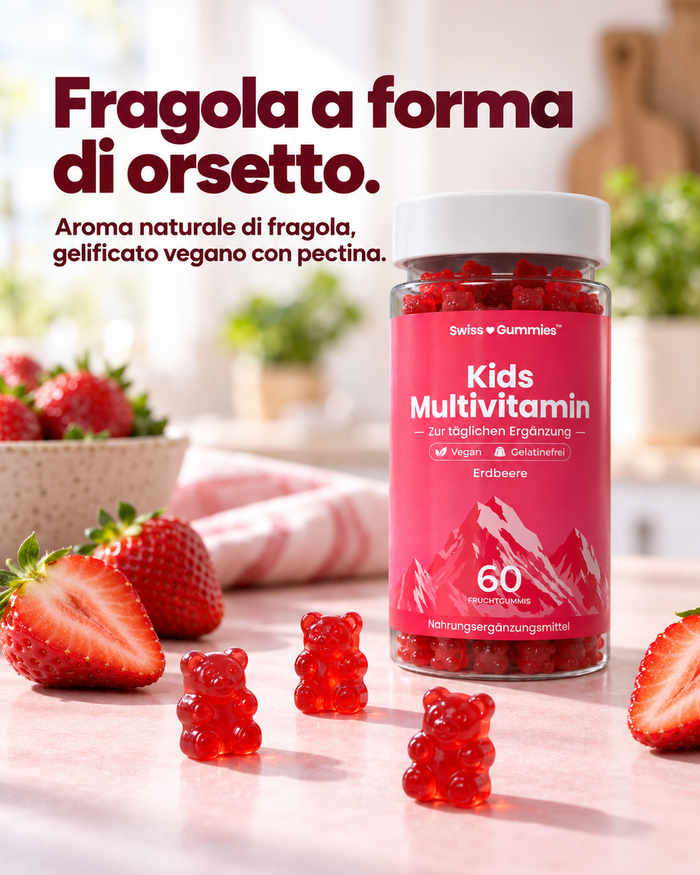 Swiss Gummies Kids Multivitamin: Fragola a forma di orsetto. Aroma naturale di fragola, gelificato vegano con pectina.