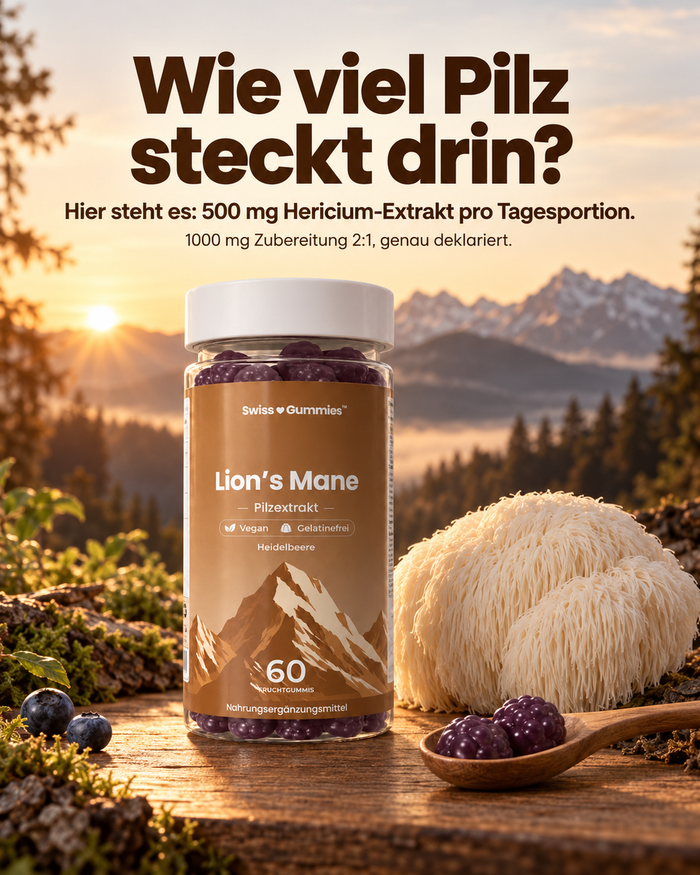 Swiss Gummies Lion's Mane: Wie viel Pilz steckt drin? Hier steht es: 500 mg Hericium-Extrakt pro Tagesportion.