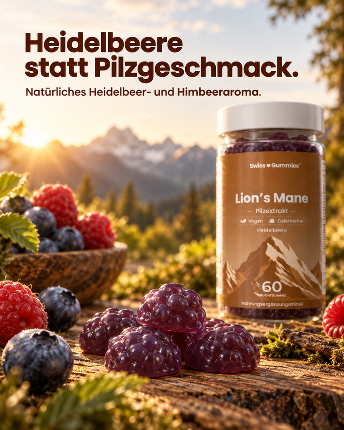 Swiss Gummies Lion's Mane: Heidelbeere statt Pilzgeschmack. Natürliches Heidelbeer- und Himbeeraroma.