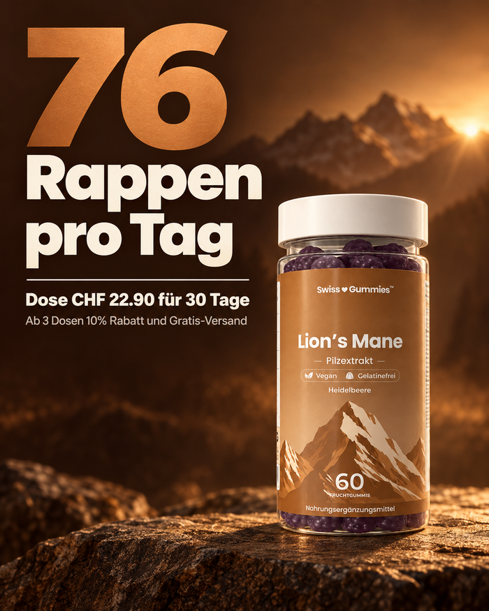 Swiss Gummies Lion's Mane: 76 Rappen pro Tag Dose CHF 22.90 für 30 Tage