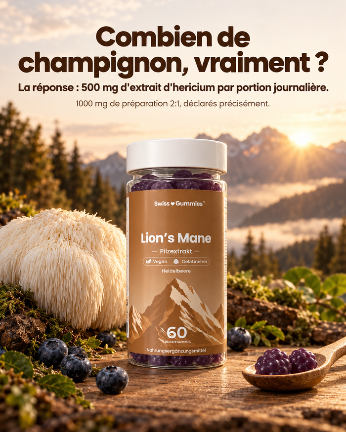 Swiss Gummies Lion's Mane: Combien de champignon, vraiment ? La réponse : 500 mg d'extrait d'hericium par portion journalière.